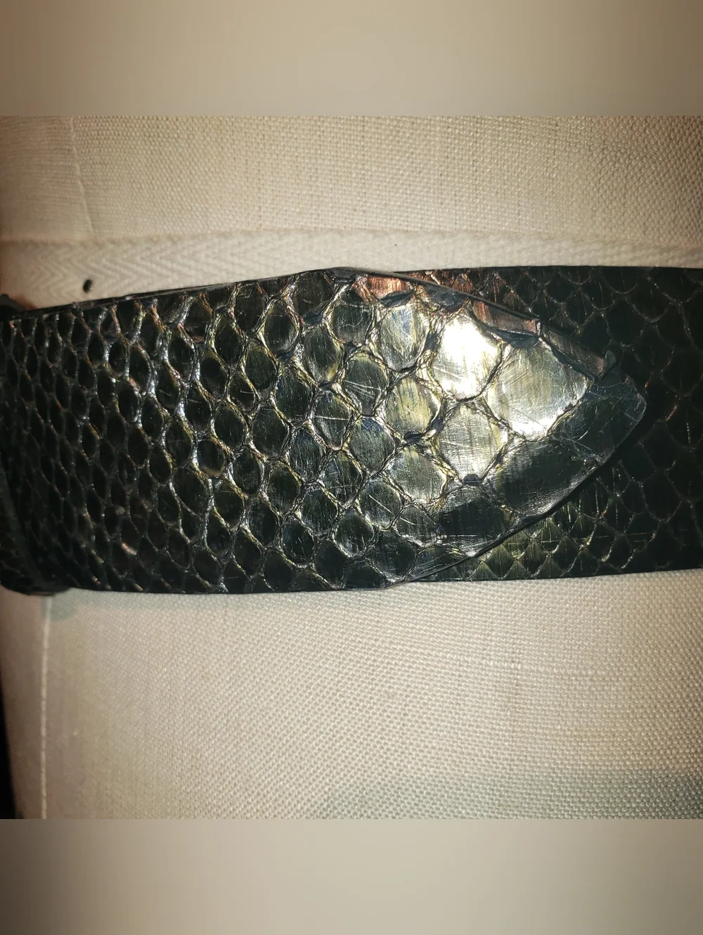 PreOwned Super Rare Huge Swarovski Crystal Buckle Metallic Green Python Belt